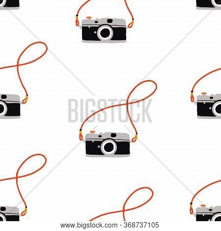 Seamless Hand Drawn Vintage Camera On White Background. Seamless Repeat Vector Pattern