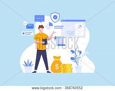 Investment Achievement Report. Young Man Report Investment Return, Explain The Benefits Of Investing