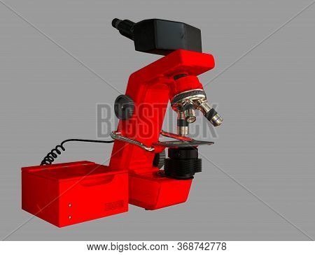 Red Electronic Microscope And System Block With Fictive Design Isolated On Grey - Photorealistic 3d 