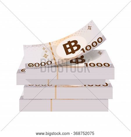 Pile 1000 Baht Banknote Money Thai Isolated On White, Thai Currency One Thousand Thb, Money Thailand