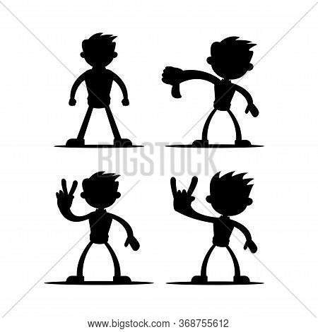 Set Of Four Vector Illustrations Of Silhouettes Of Boy Cartoon Character In Various Gestures In Blac