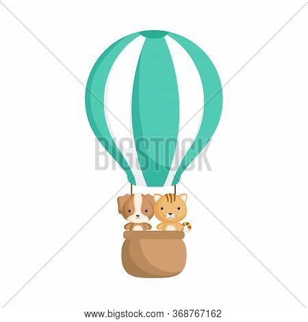 Cute Baby Dog And Cat In The Hot Air Balloon. Graphic Element For Childrens Book, Album, Scrapbook, 