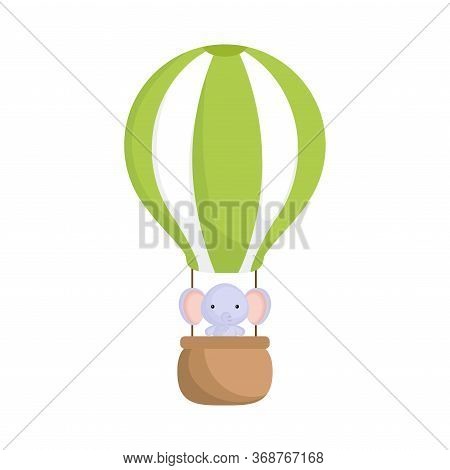 Cute Baby Elephant In The Hot Air Balloon. Graphic Element For Childrens Book, Album, Scrapbook, Pos