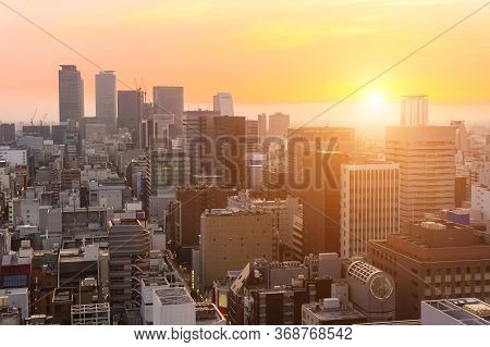 Aerial View Of Nagoya Cityscape With Beautiful Sunset View From Nagoya Tv Tower In Nagoya Central Ja