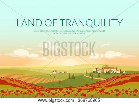 Land Of Tranquillity Poster Flat Vector Template. Italian Village Landscape Brochure, Booklet One Pa