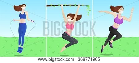 Beautiful Girls Wearing Face Masks Against Covid-19 Virus Doing Exercises Like Skipping, Running And