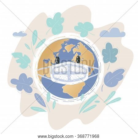 Worried Earth Globe Character Wearing Face Mask For Covid Pandemic.