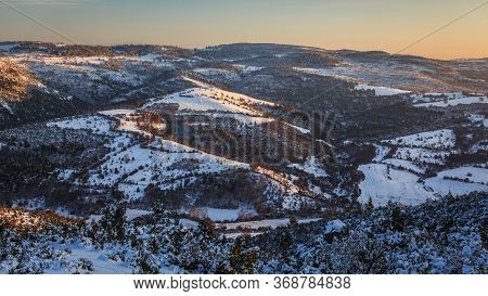 Snowy Sunset / Sunny Landscape In Rural Turkey