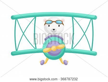 Cute Polar Bear Pilot Wearing Aviator Goggles Flying An Airplane. Graphic Element For Childrens Book
