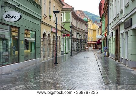 Celje, Slovenia - April 21, 2014: An Empty Presernova Street In The Centre Of Celje In Rainy Weather