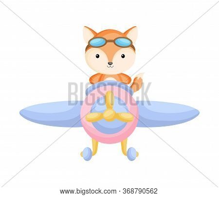 Cute Fox Pilot Wearing Aviator Goggles Flying An Airplane. Graphic Element For Childrens Book, Album