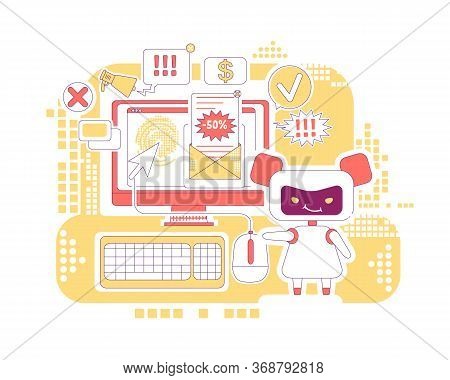 Click Bot Thin Line Concept Vector Illustration. Spam Newsletter. Bad Robot 2d Cartoon Character For