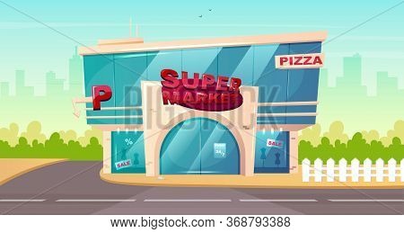 Supermarket Front Flat Color Vector Illustration. Mall Glass Building Entrance. Hypermarket Storefro
