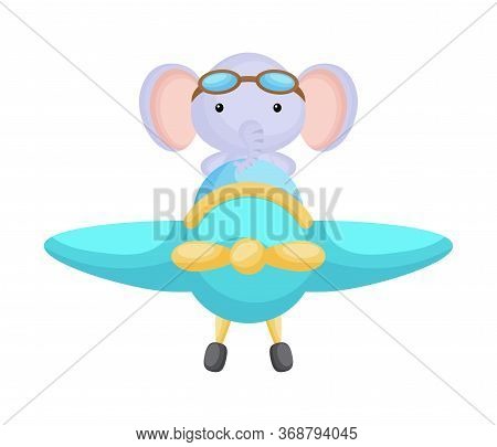 Cute Elephant Pilot Wearing Aviator Goggles Flying An Airplane. Graphic Element For Childrens Book, 