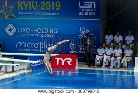 Kyiv, Ukraine - August 7, 2019: Kacper Lesiak Of Poland Performs During Mens 1m Springboard Final Of