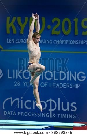 Kyiv, Ukraine - August 7, 2019: Kacper Lesiak Of Poland Performs During Mens 1m Springboard Final Of