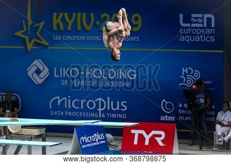 Kyiv, Ukraine - August 7, 2019: Kacper Lesiak Of Poland Performs During Mens 1m Springboard Final Of