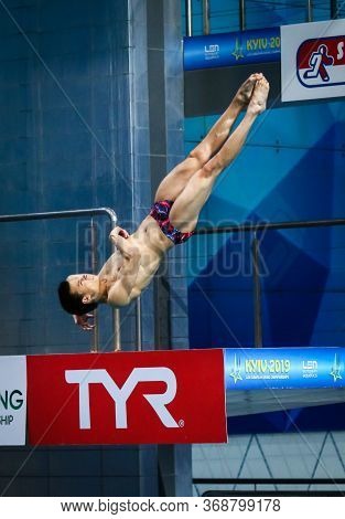 Kyiv, Ukraine - August 9, 2019: Jonathan Suckow Of Switzerland Performs During Mens 3m Springboard F