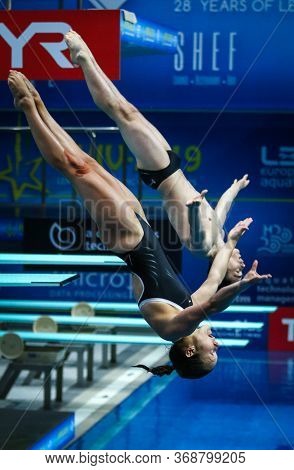 Kyiv, Ukraine - August 6, 2019: Tina Punzel And Lou Massenberg Of Germany Perform During Mixed 3m Sy