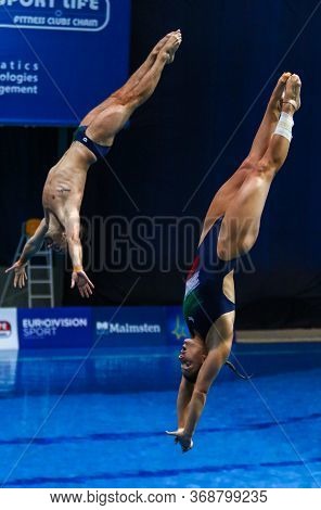 Kyiv, Ukraine - August 6, 2019: Elena Bertocchi And Maicol Verzotto Of Italy Perform During Mixed 3m