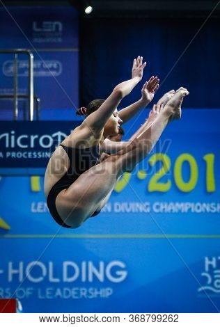 Kyiv, Ukraine - August 6, 2019: Uliana Kliueva And Ruslan Ternovoi Of Russia Perform During Mixed 3m