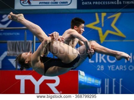 Kyiv, Ukraine - August 6, 2019: Uliana Kliueva And Ruslan Ternovoi Of Russia Perform During Mixed 3m