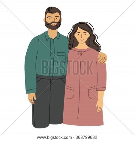 Husband And Wife Family. Couple Standing Together And Cuddling. Man And Woman Are Hugging. Flat Cart