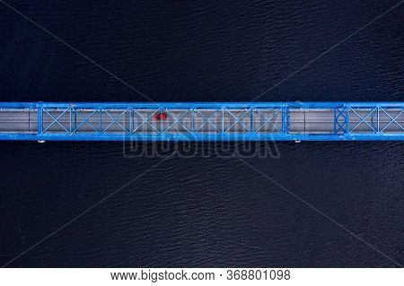Top Down Aerial View To The Bridge Over The River Lielupe Near Kalnciems, Latvia