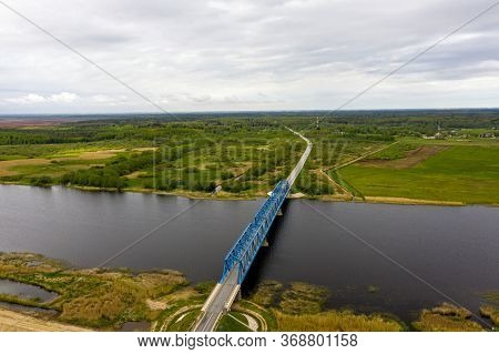 Aerial Panoramic View From Above To The Bridge Over The River Lielupe Near Kalnciems, Latvia