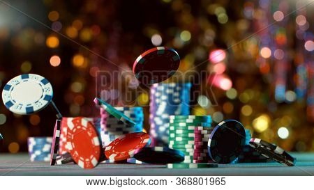 Poker still life with falling poker chips . Concept of hazard gaming, free space for text.
