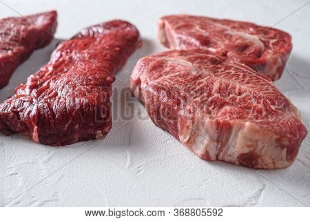 Raw Tri-tip Triangle Roast Or Bottom Sirloin Steak Near Top Blade Cut Organic Meat Cut Side View Clo