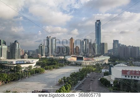 Guangzhou, China.  June 20, 2016. Modern Buildings And Tianhe Sports Stadium In The Morning Light In