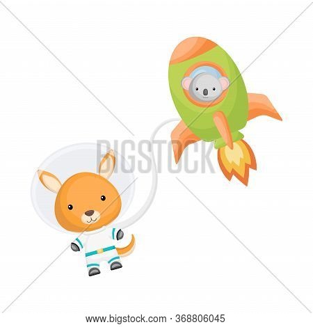 Cute Kangaroo Snd Koala Astronauts Flying In Rocket And Open Space. Graphic Element For Childrens Bo