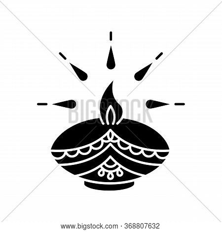 Diwali Festival Black Glyph Icon. Hindu Festival Of Lights. Traditional Diya. Indian Holiday. Clay O