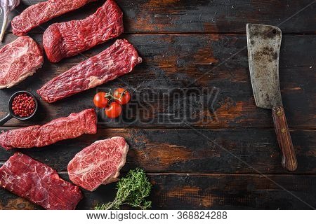 Set Of Flap Flank Steak, Machete Steak Or Skirt Cut, Top Blade Or Flat Iron Beef And Tri Tip, Triang