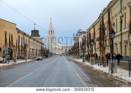 Kazan, Russia - January 5 2020: View Of Kremlyovskaya Street And Spasskaya Tower Of The Kazan Kremli