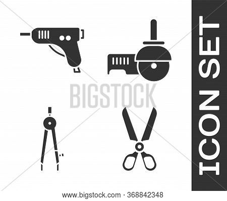 Set Scissors, Electric Hot Glue Gun, Drawing Compass And Angle Grinder Icon. Vector.