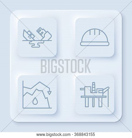Set Line Wrecked Oil Tanker Ship, Worker Safety Helmet, Drop In Crude Oil Price And Oil Platform In 