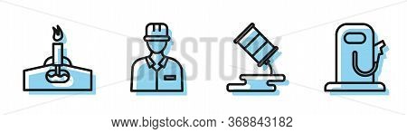 Set Line Barrel Oil Leak, Oil Rig With Fire, Oilman And Petrol Or Gas Station Icon. Vector.