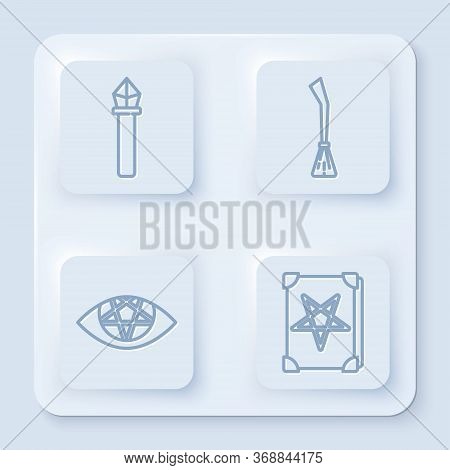 Set Line Magic Staff, Witches Broom, Pentagram And Ancient Magic Book. White Square Button. Vector.