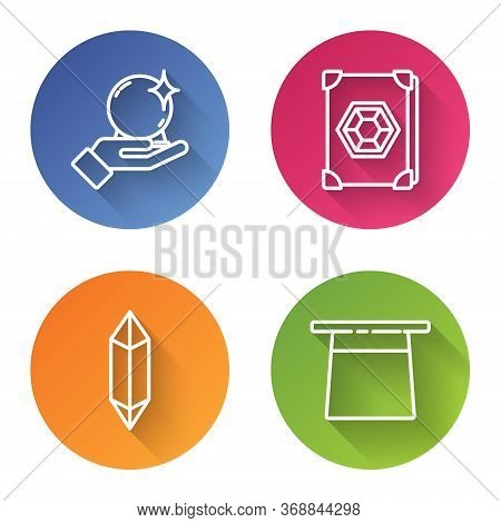 Set Line Magic Ball On Hand, Ancient Magic Book, Magic Stone And Magician Hat. Color Circle Button. 