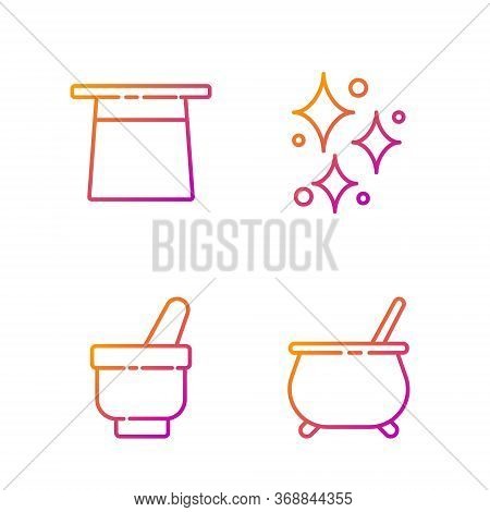 Set Line Witch Cauldron, Magic Mortar And Pestle, Magician Hat And Sparkle Stars With Magical Glitte