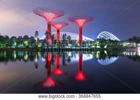 SINGAPORE - SEPTEMBER 15; 2015: The Supertrees at Gardens by the Bay in Singapore at night.