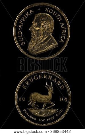 One Ounce Gold Krugerrand Coin Macro Photograph Showing Front And Back.