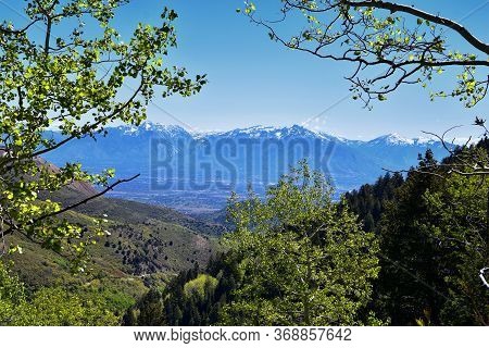 Rocky Mountain Wasatch Front Peaks, Panorama Landscape View From Butterfield Canyon Oquirrh Range By