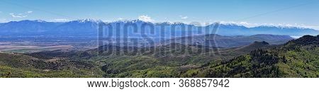 Rocky Mountain Wasatch Front Peaks, Panorama Landscape View From Butterfield Canyon Oquirrh Range By