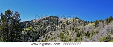 Rocky Mountain Wasatch Front Peaks, Panorama Landscape View From Butterfield Canyon Oquirrh Range By
