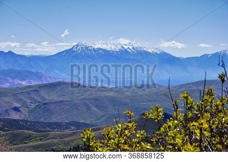 Rocky Mountain Wasatch Front Peaks, Panorama Landscape View From Butterfield Canyon Oquirrh Range By