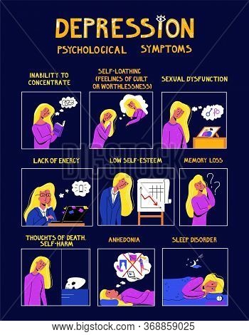 Vector Flat Infographic Illustration With Set Psychological Symptoms Depression. It Shows Young Woma