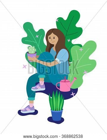 Vector  Cute Girl Holds Flower Pot With Cactus And Sits Among  The Plants. Girl That Loves Flowers.